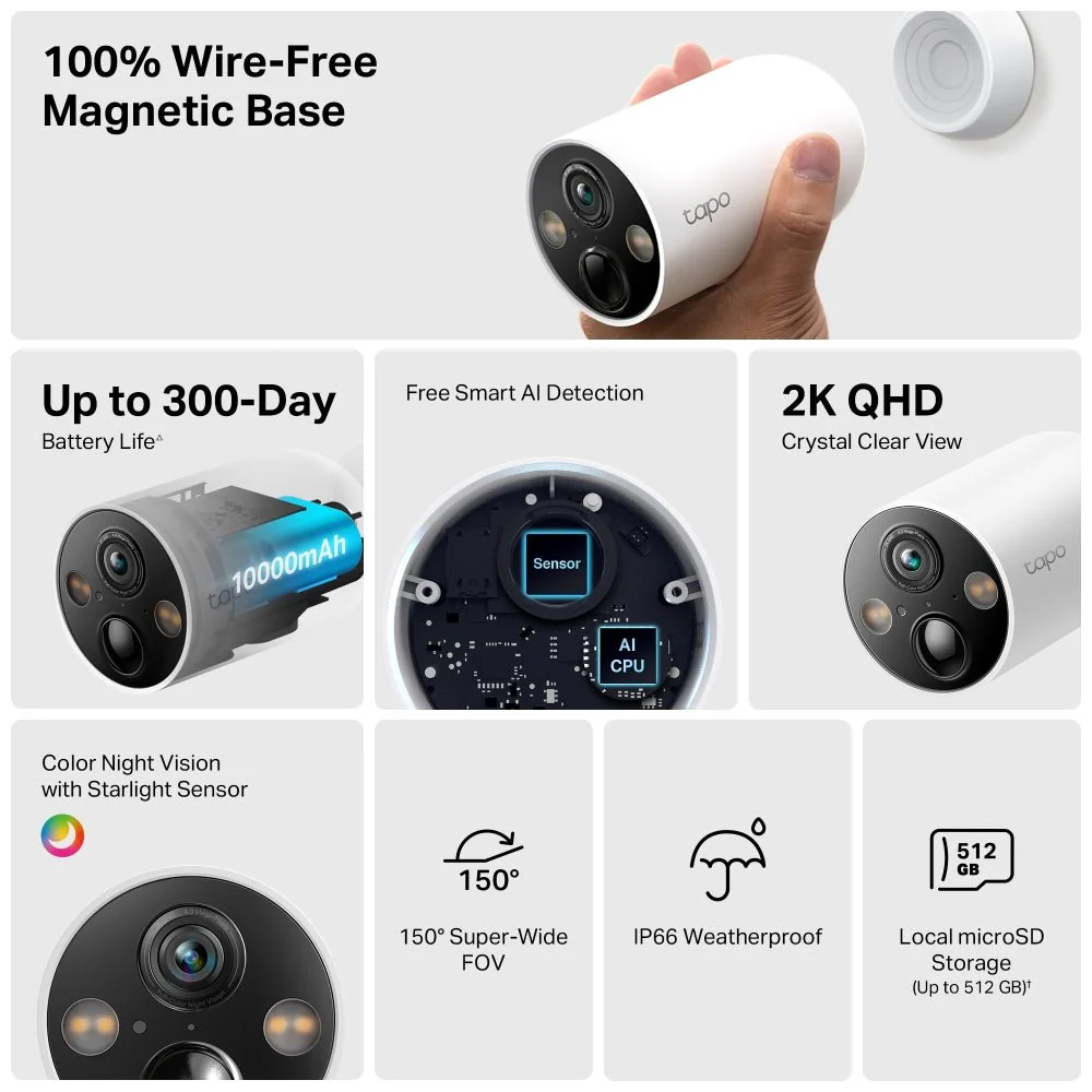 TP-Link Tapo C425 4MP 2K QHD WiFi Outdoor Battery Bullet IP Camera with Magnetic Base (Wire-Free) - Image 4