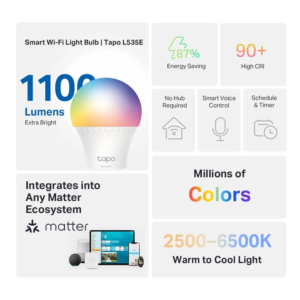 TP-Link Tapo L535E Smart Wi-Fi Multicolor A19 E26 Light Bulb 1100 Lumens - Image 2