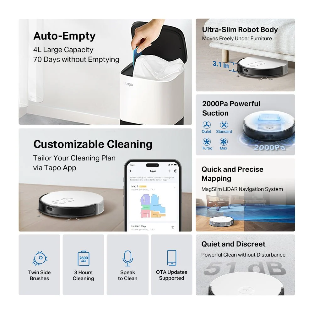 TP-Link Tapo RV20 Plus MagSlim LiDAR Navigation Robot Vacuum + Smart Auto-Empty Dock - Image 5