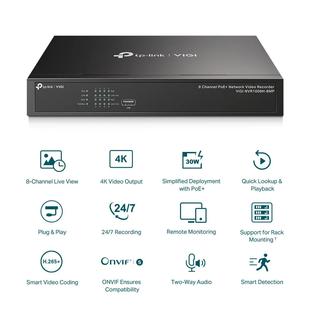 TP-Link VIGI NVR1008H-8MP 8 Channel PoE+ Network Video Recorder - Image 3